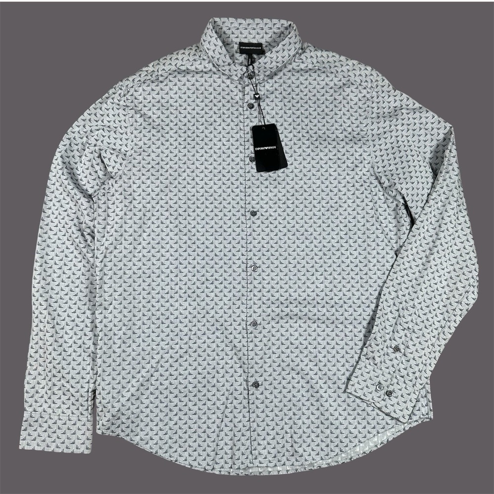 NEW Emporio Armani Men Cotton Long Sleeve Button Up Dress Shirt Logo AOP Sz 3XL - Picture 1 of 9